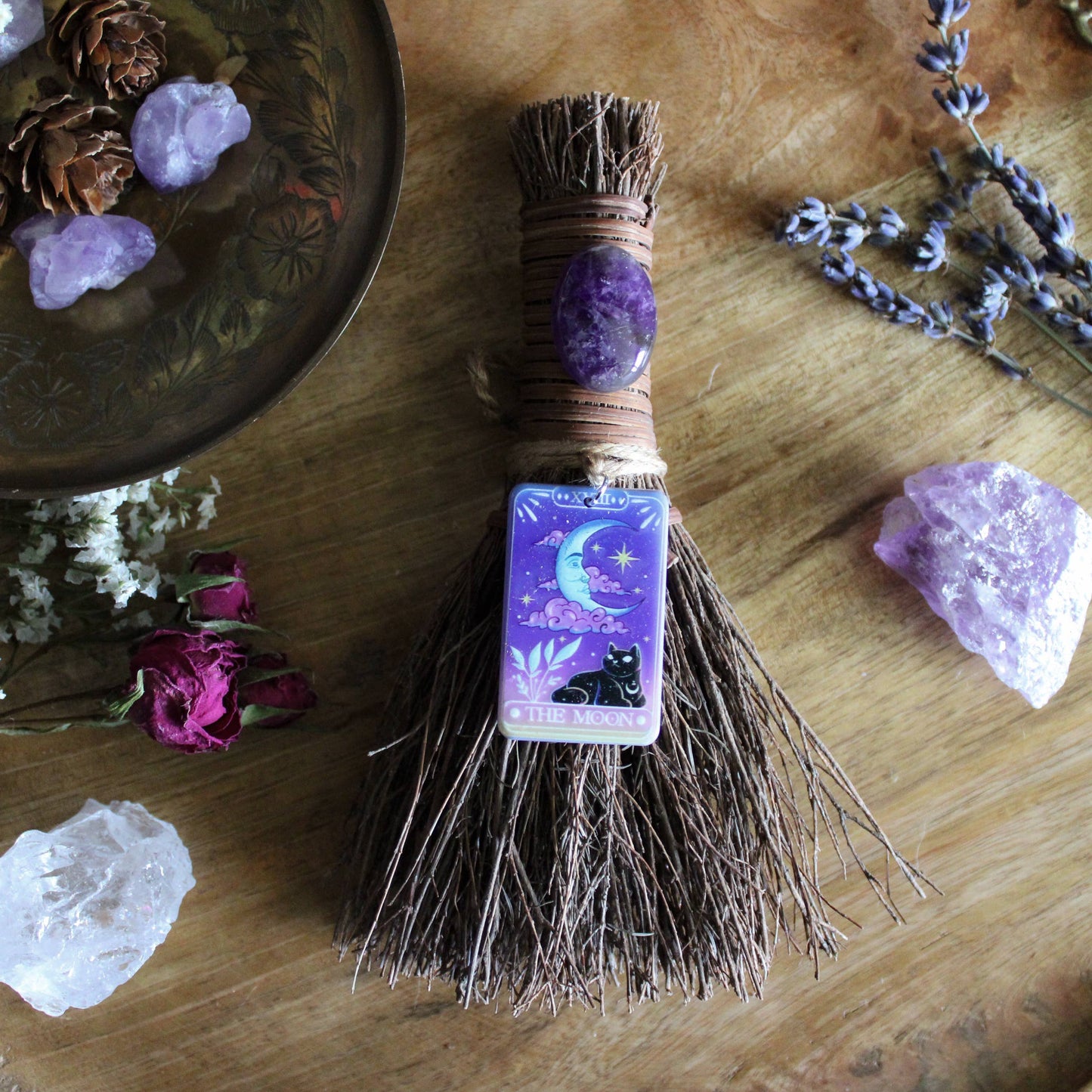 Moon Tarot Card Witch's Broom, Crystal Witch Altar Besom