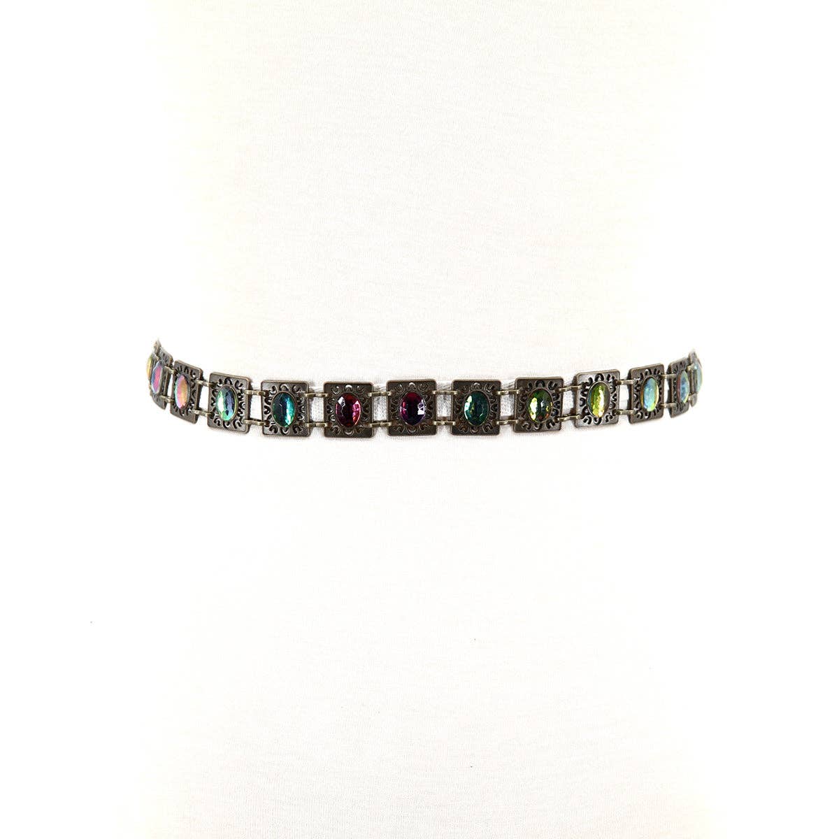 Brass Chain Belt with Rhinestones - 1.4" Width