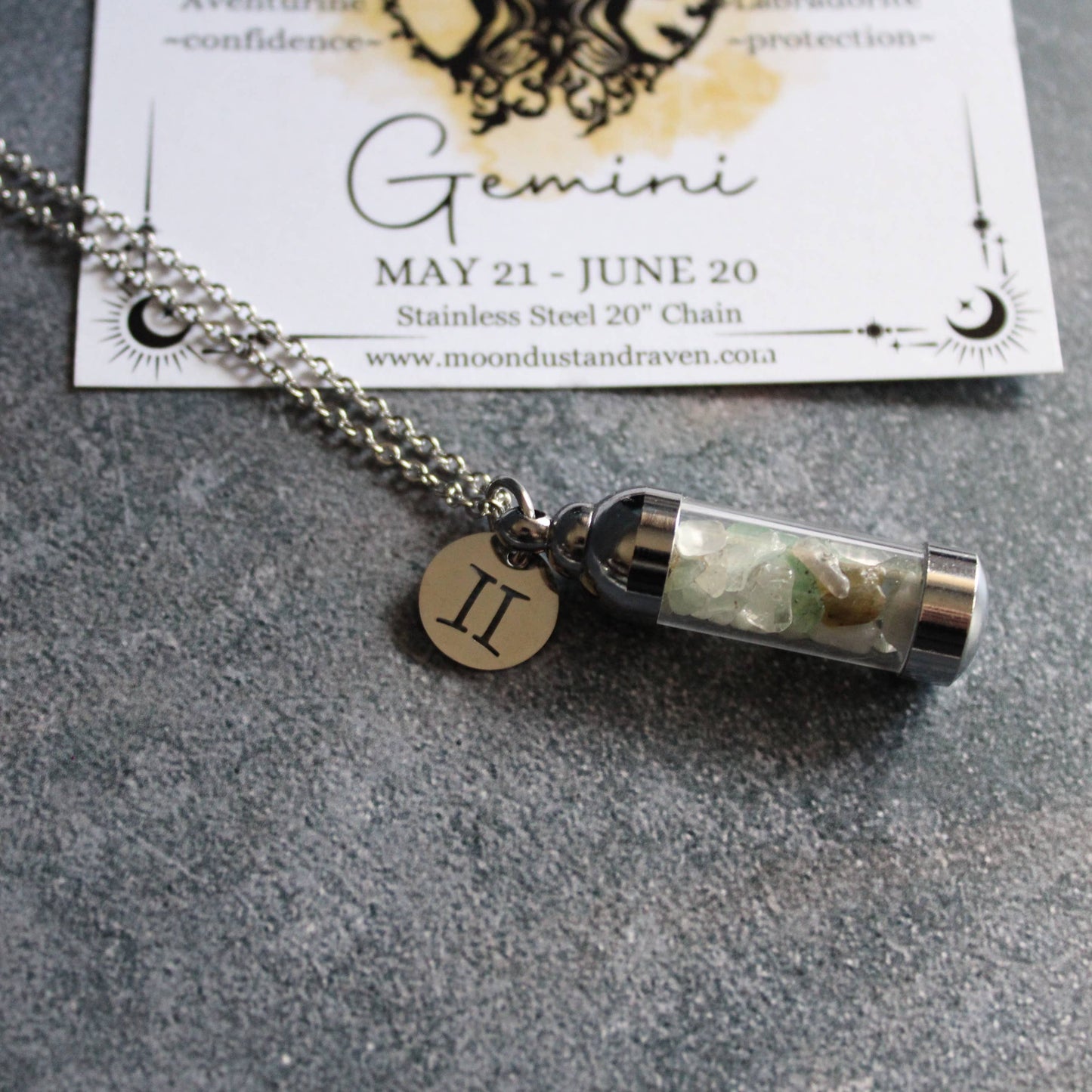 Gemini Crystal Vial Necklace, Zodiac Astrology Witchy Gift