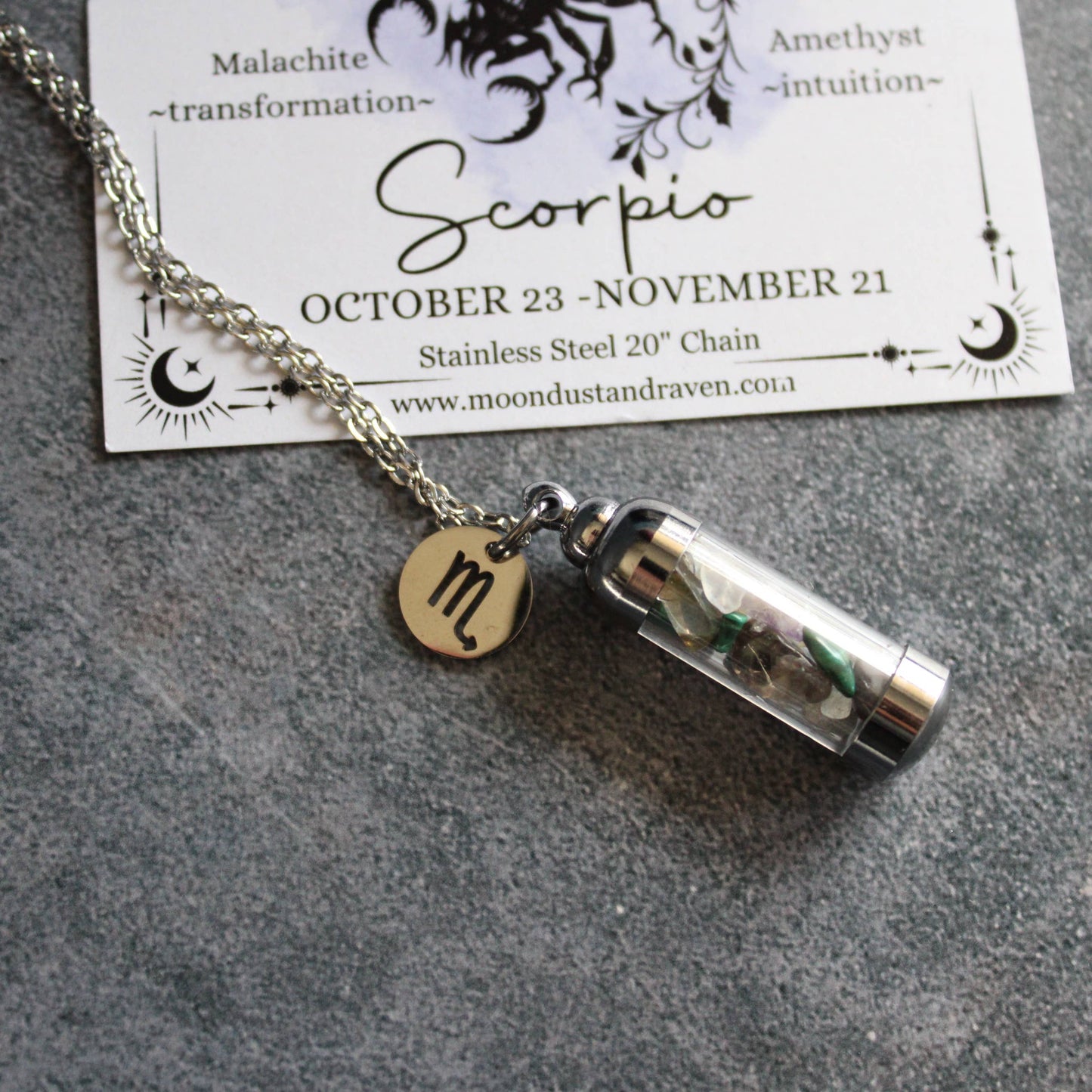Scorpio Crystal Vial Necklace, Zodiac Astrology Witchy Gift