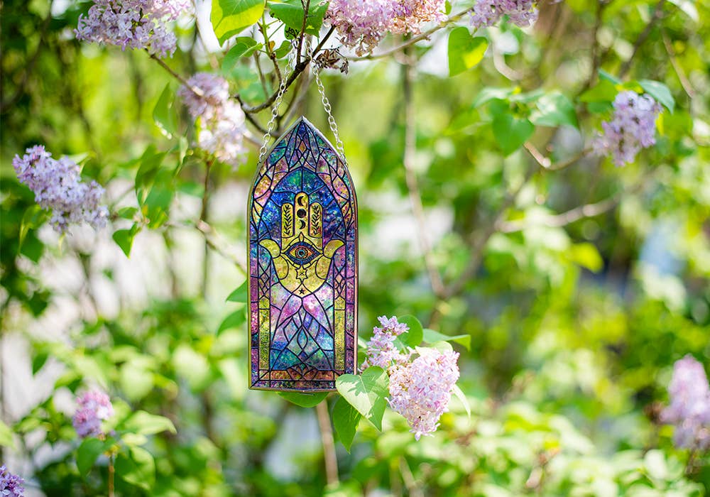 Glass Suncatcher 8in Cathedral - Hamsa Hand