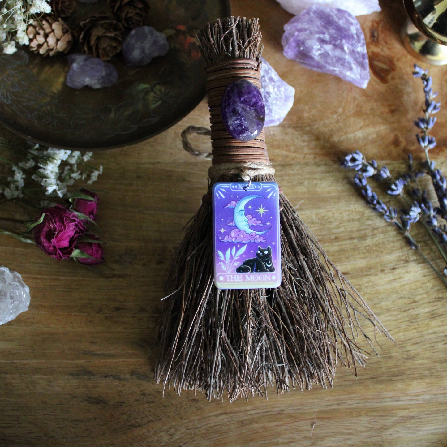 Moon Tarot Card Witch's Broom, Crystal Witch Altar Besom