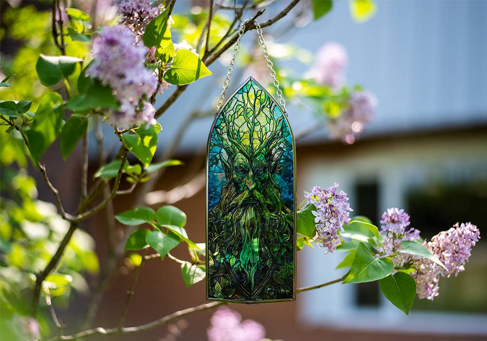 Glass Suncatcher 8in Cathedral - Green Man