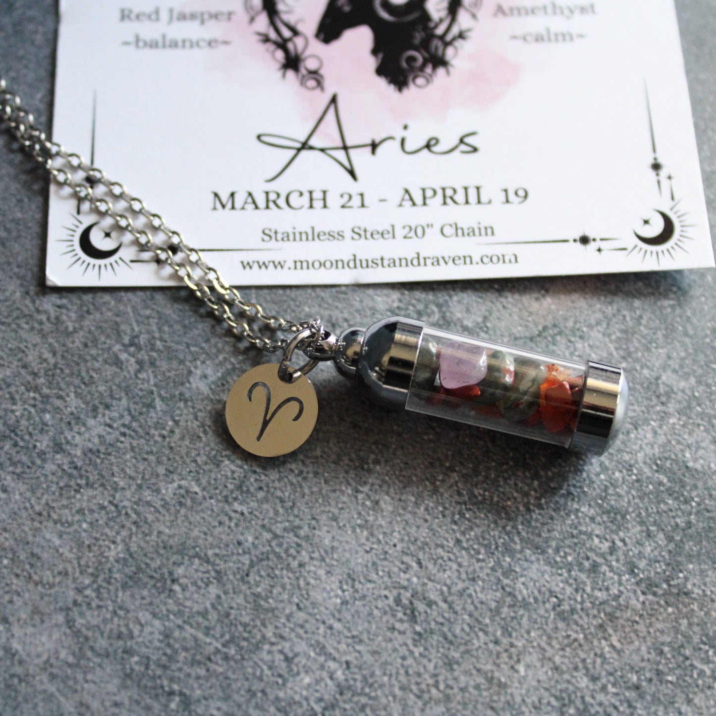Aries Crystal Vial Necklace, Zodiac Astrology Witchy Gift