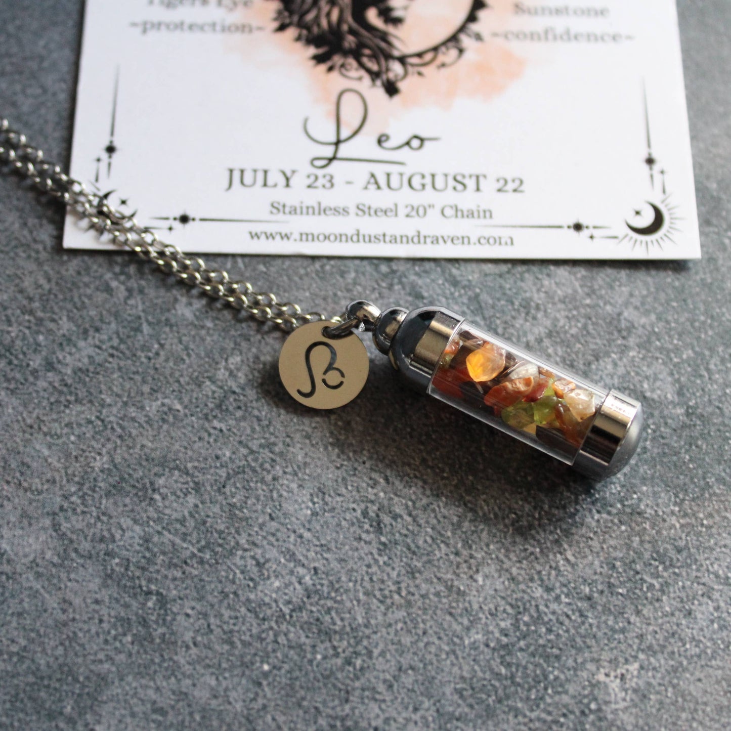 Leo Crystal Vial Necklace, Zodiac Astrology Witchy Gift