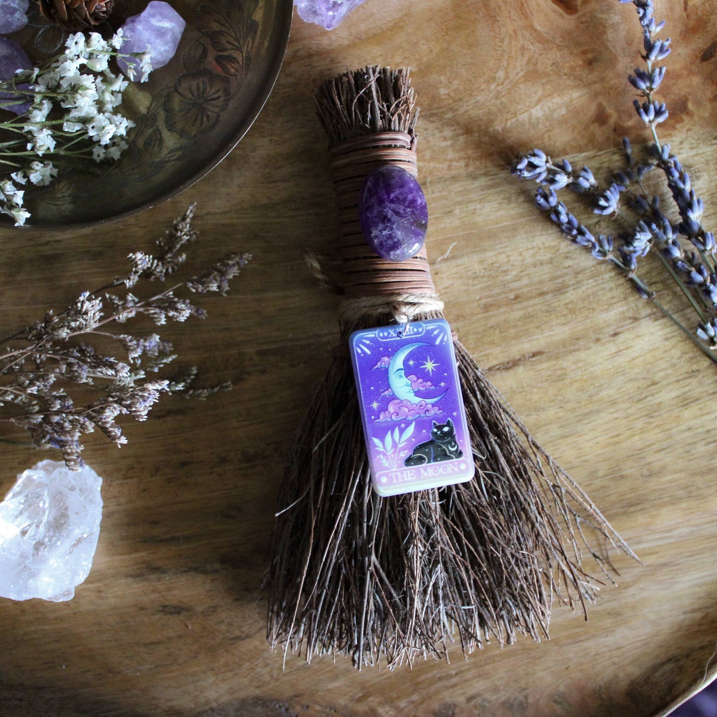 Moon Tarot Card Witch's Broom, Crystal Witch Altar Besom