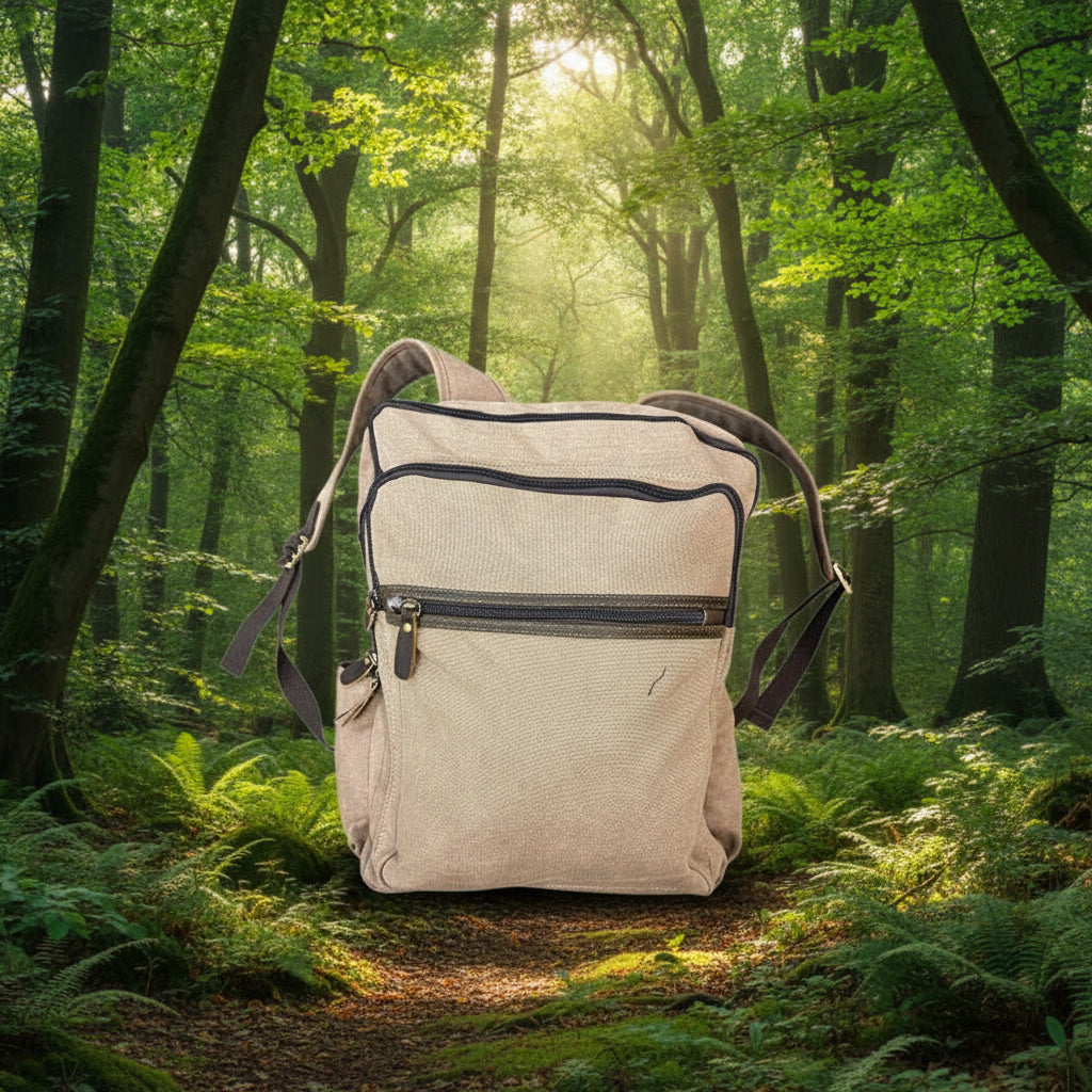Washed Canvas Khaki Leather Trim Backpack