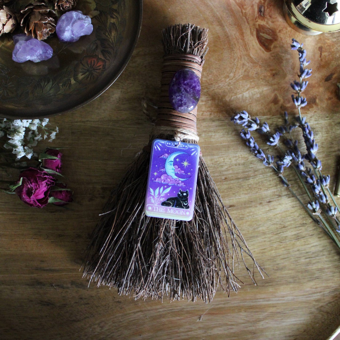 Moon Tarot Card Witch's Broom, Crystal Witch Altar Besom