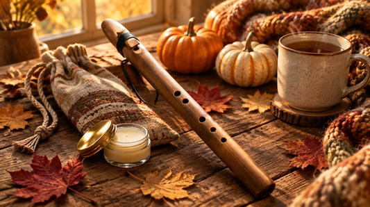 Burnt cedar Native American style flute with a jar of flute balm, pumpkins and autumn leaves