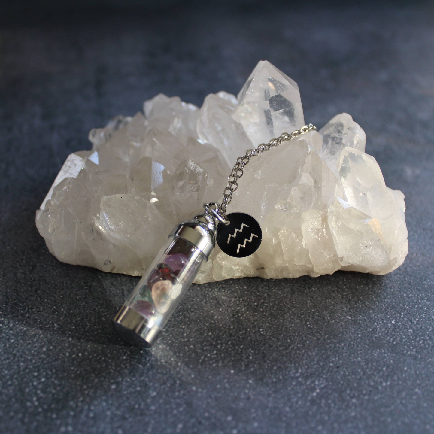 Aquarius Crystal Vial Necklace, Zodiac Astrology Witchy Gift