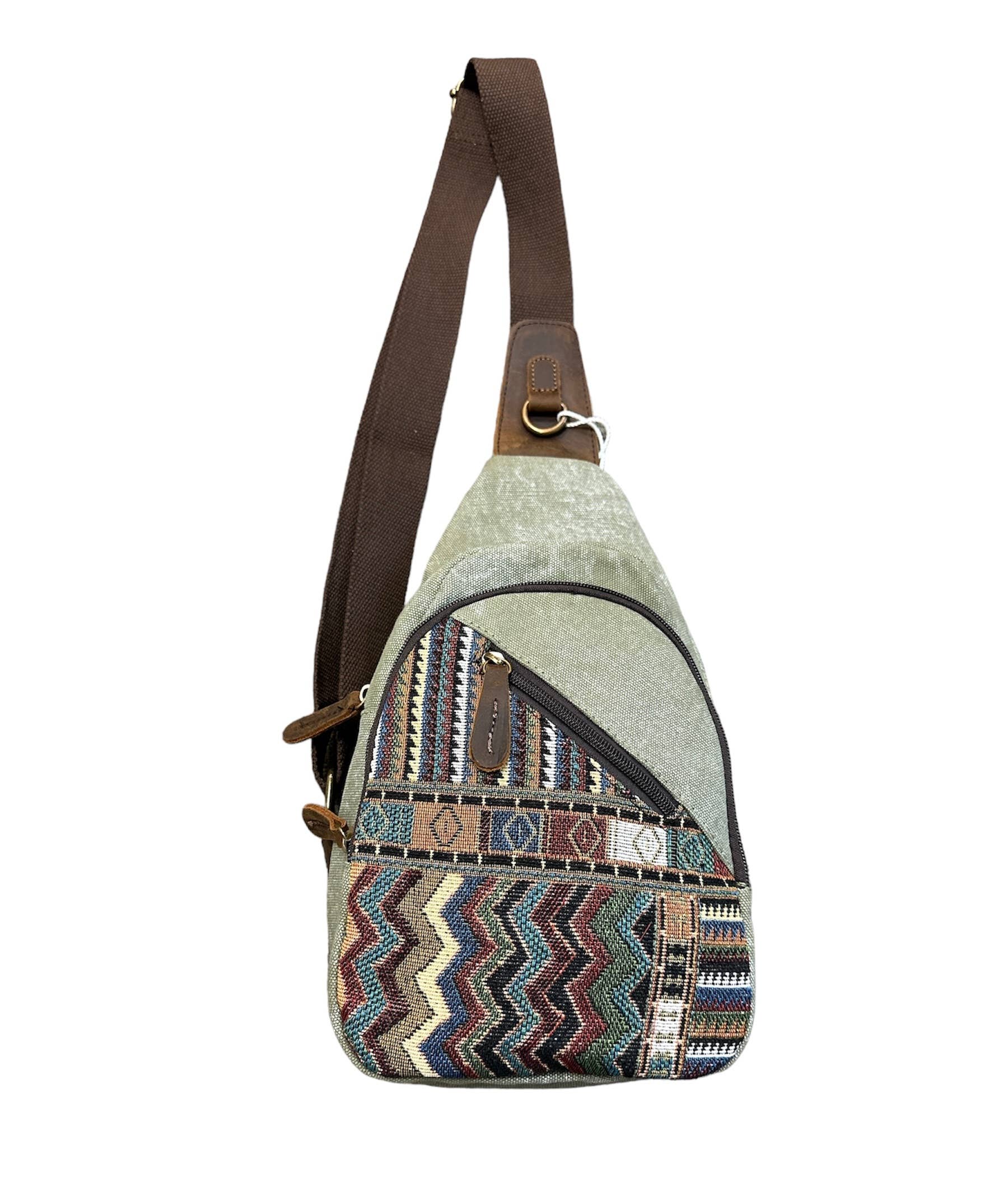 Canvas & leather Trim Crossbody Sling Bag