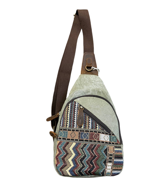Canvas & leather Trim Crossbody Sling Bag