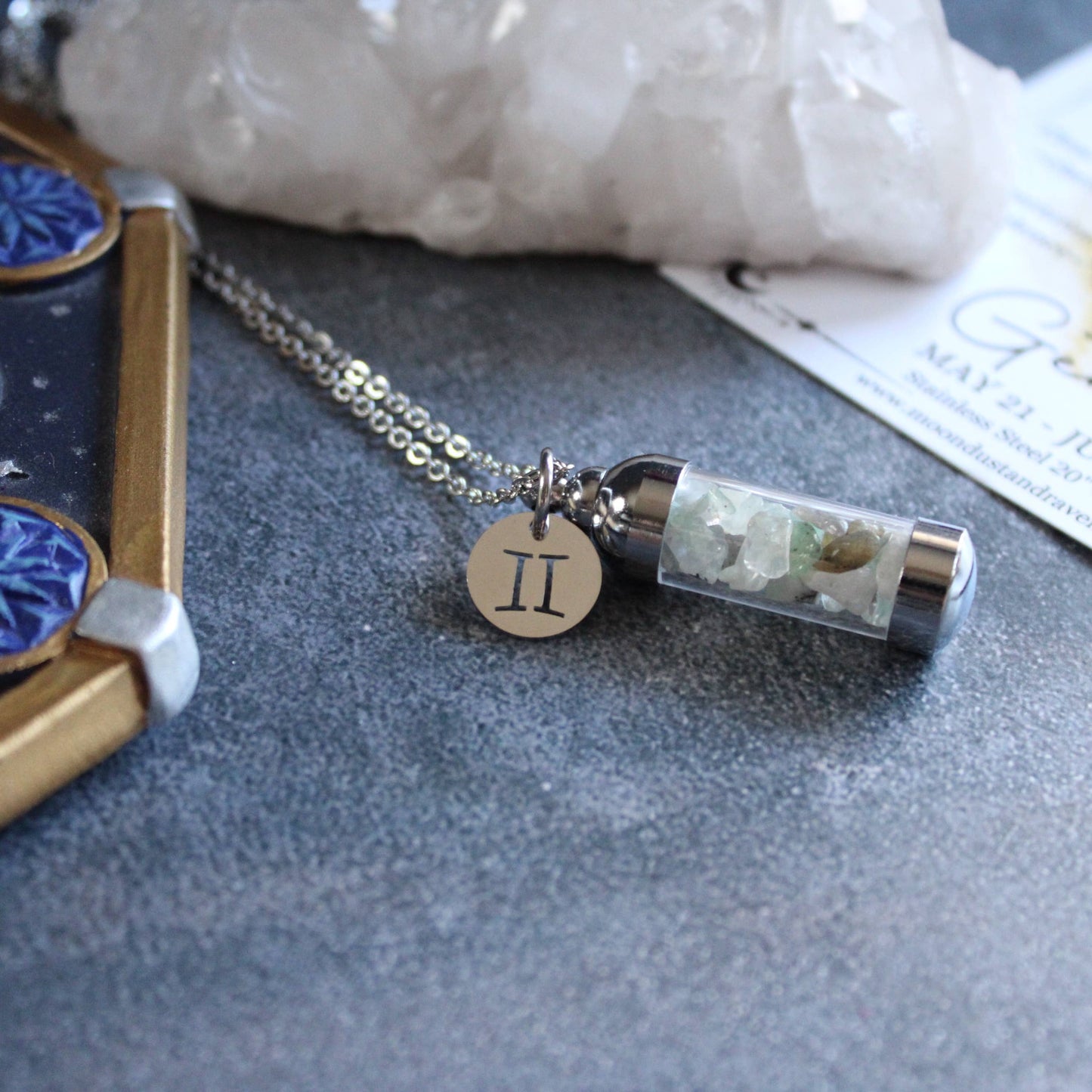 Gemini Crystal Vial Necklace, Zodiac Astrology Witchy Gift