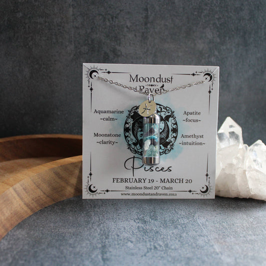 Pisces Crystal Vial Necklace, Zodiac Astrology Witchy Gift