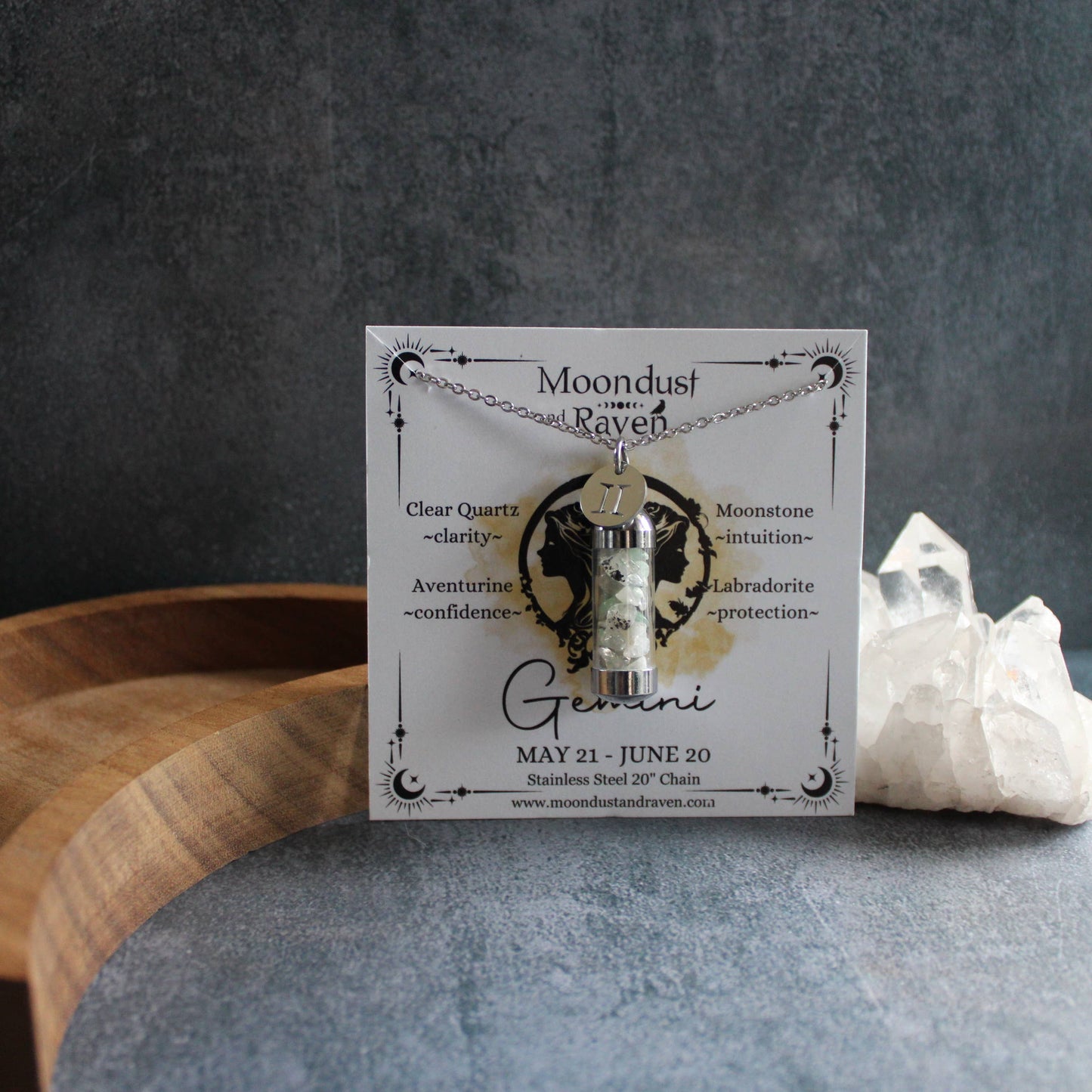 Gemini Crystal Vial Necklace, Zodiac Astrology Witchy Gift