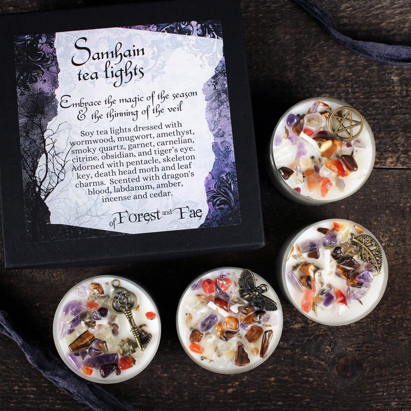 Samhain Tea Light Candle Set • Crystal & Herb Candle • Witch