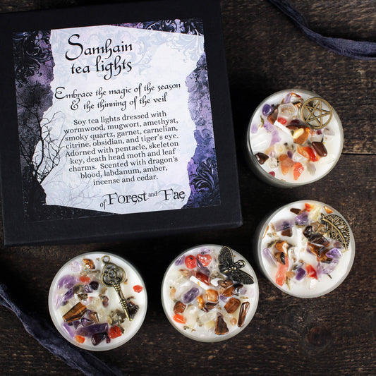 Samhain Tea Light Candle Set • Crystal & Herb Candle • Witch