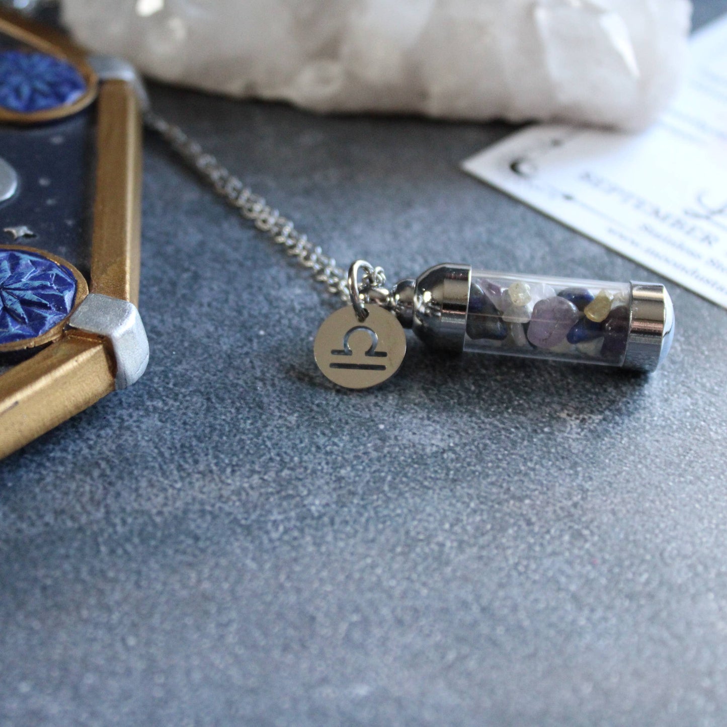 Libra Crystal Vial Necklace, Zodiac Astrology Witchy Gift