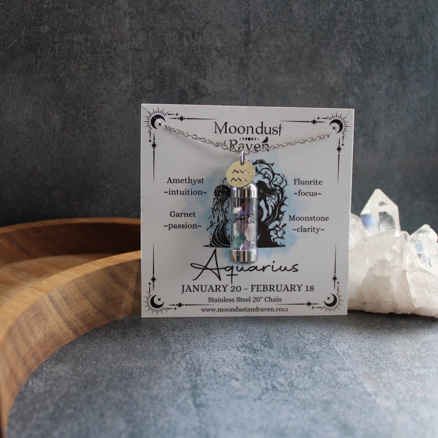 Aquarius Crystal Vial Necklace, Zodiac Astrology Witchy Gift