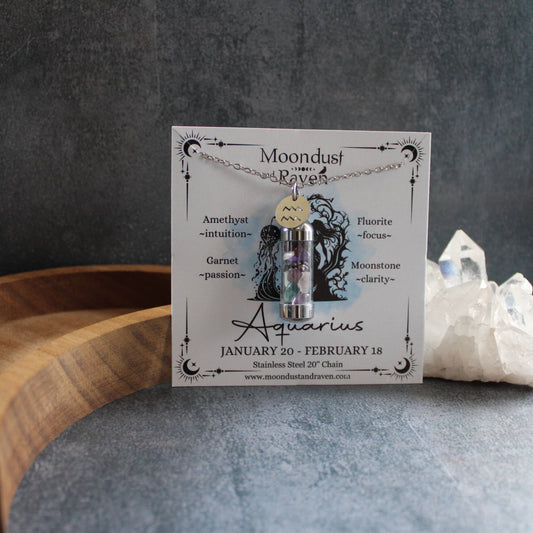 Aquarius Crystal Vial Necklace, Zodiac Astrology Witchy Gift