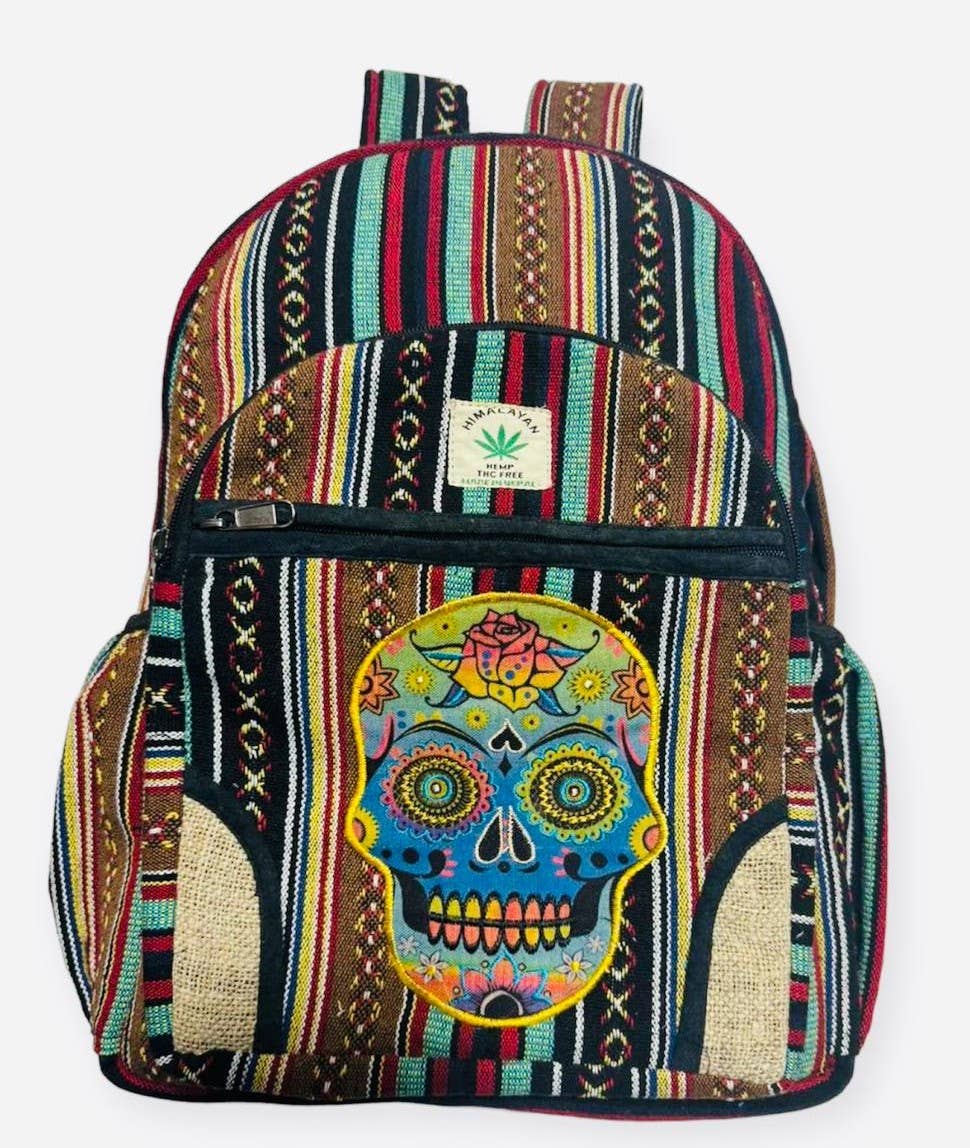 Cotton Hemp Multi Patch Floral Skull Backpack