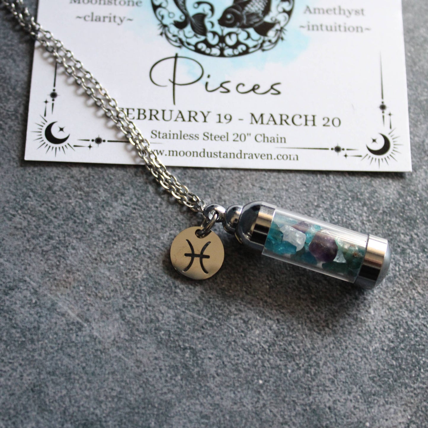 Pisces Crystal Vial Necklace, Zodiac Astrology Witchy Gift