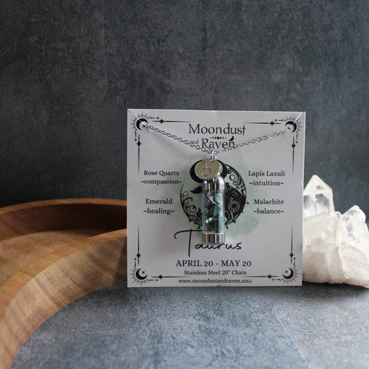 Taurus Crystal Vial Necklace, Zodiac Astrology Witchy Gift