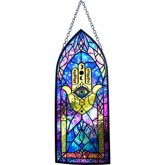 Glass Suncatcher 8in Cathedral - Hamsa Hand