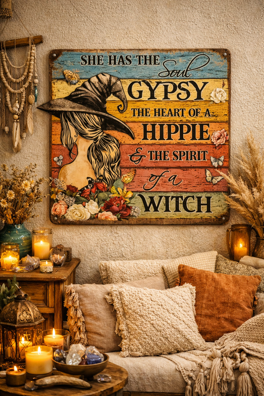 "Hippie Witch" Boho Metal Wall Sign | Witchy Home Decor