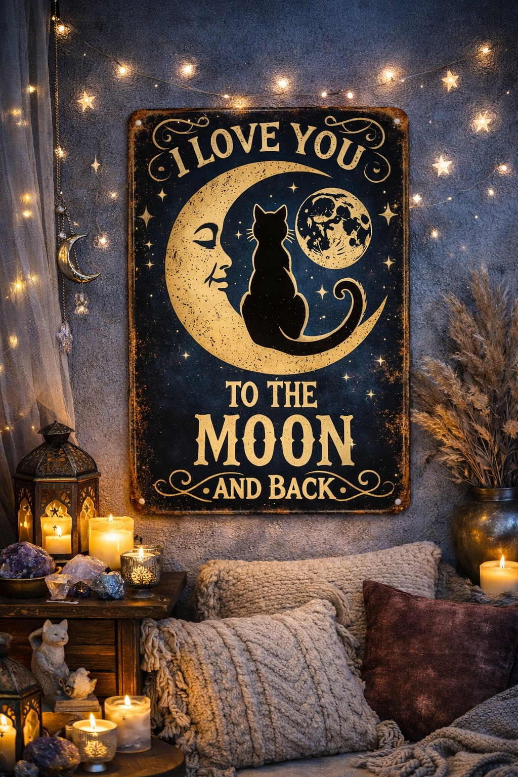 "I Love You to the Moon and Back" Boho Metal Wall Sign | Cat Lover & Celestial Decor