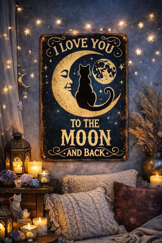 "I Love You to the Moon and Back" Boho Metal Wall Sign | Cat Lover & Celestial Decor