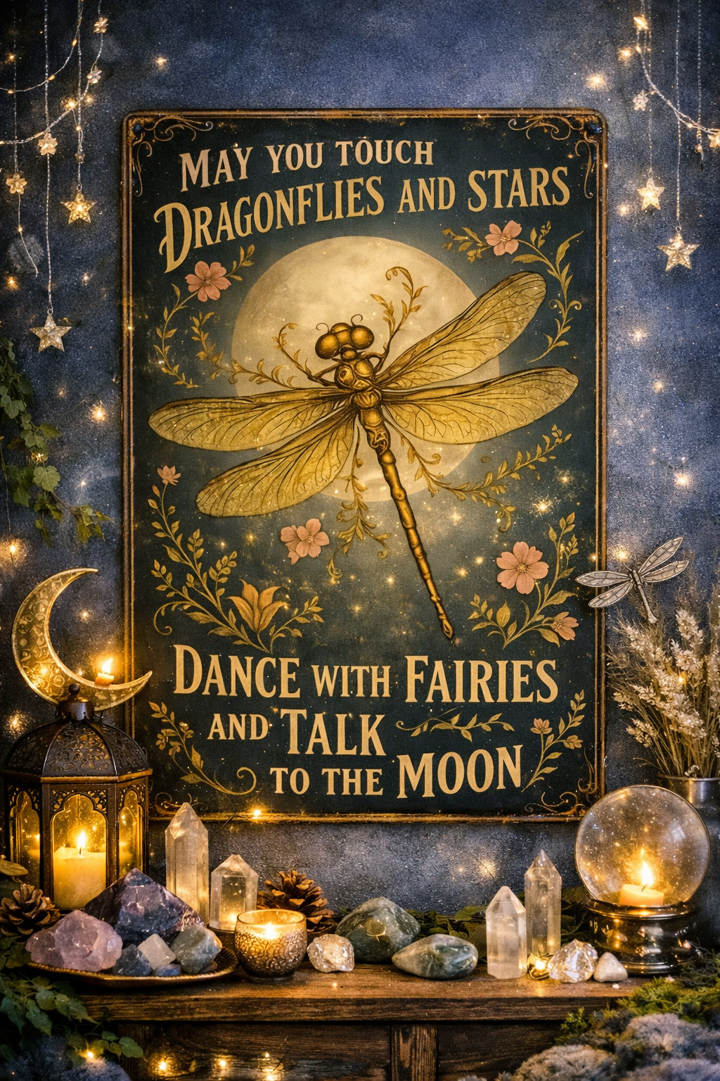 "May You Touch Dragonflies and Stars" Boho Metal Wall Sign | Fairy & Moon Decor