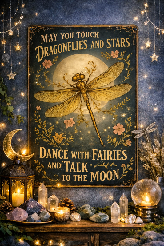 "May You Touch Dragonflies and Stars" Boho Metal Wall Sign | Fairy & Moon Decor
