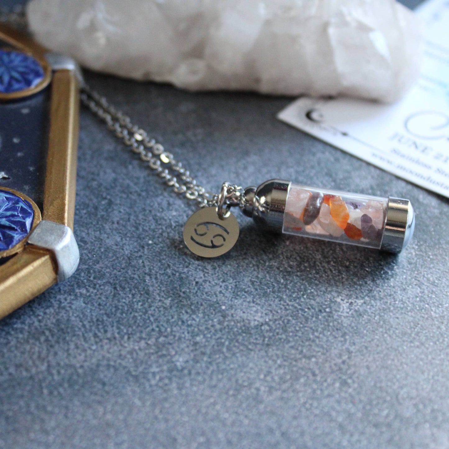 Cancer Crystal Vial Necklace, Zodiac Astrology Witchy Gift