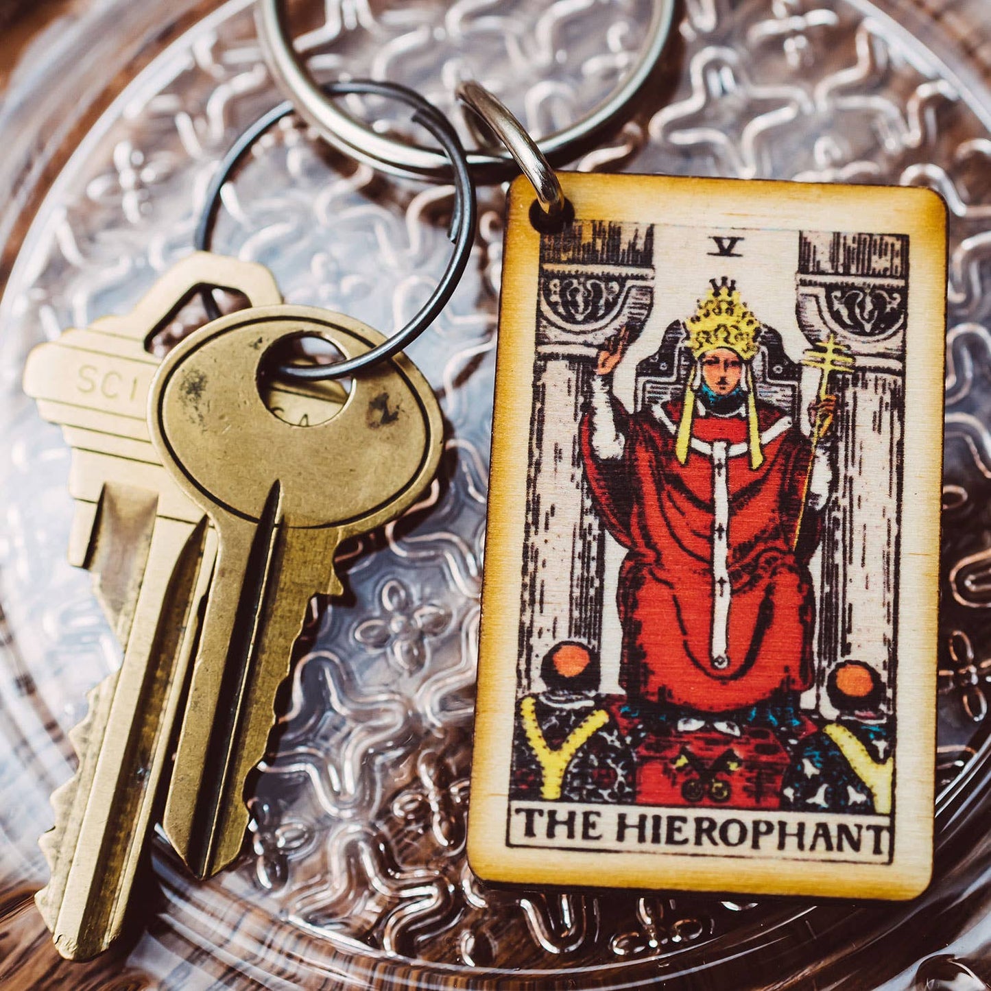 Tarot - 5 - The Hierophant Full Color Wooden Keychain