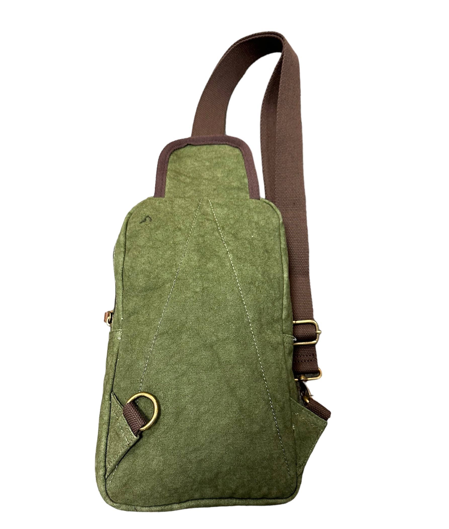 Canvas & leather Trim Crossbody Green Sling Bag