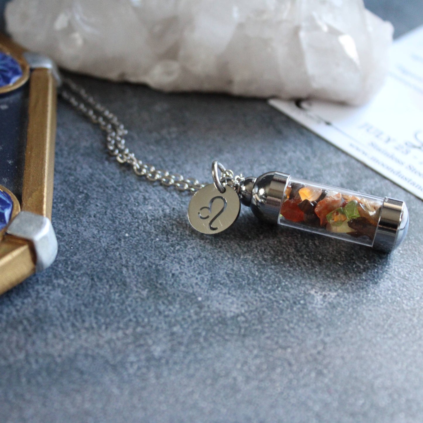 Leo Crystal Vial Necklace, Zodiac Astrology Witchy Gift