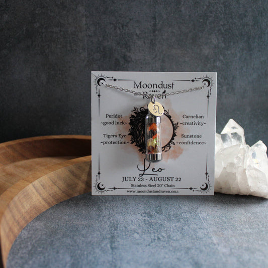 Leo Crystal Vial Necklace, Zodiac Astrology Witchy Gift