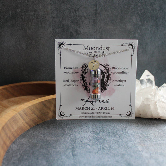 Aries Crystal Vial Necklace, Zodiac Astrology Witchy Gift