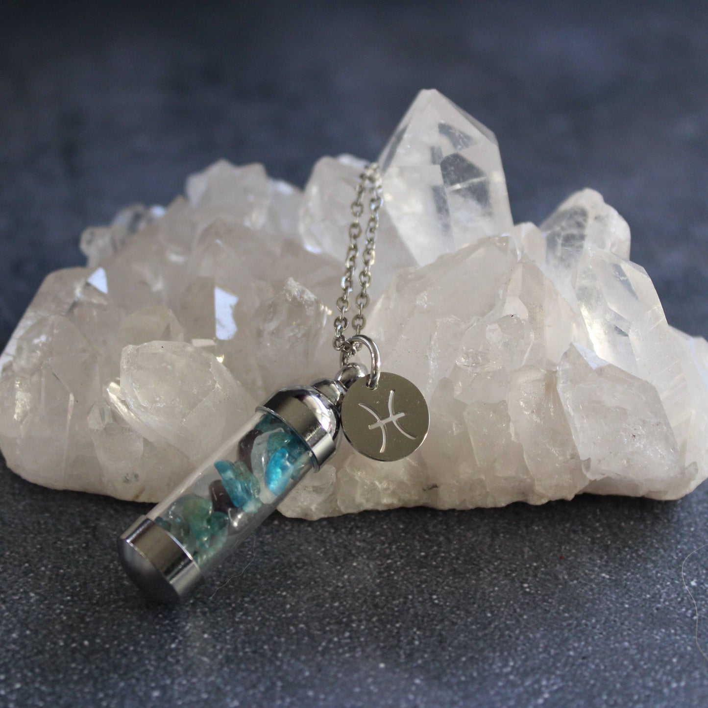 Pisces Crystal Vial Necklace, Zodiac Astrology Witchy Gift