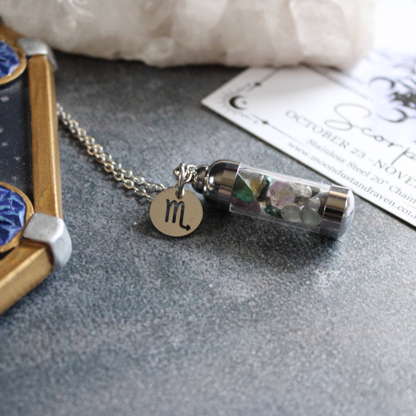 Scorpio Crystal Vial Necklace, Zodiac Astrology Witchy Gift