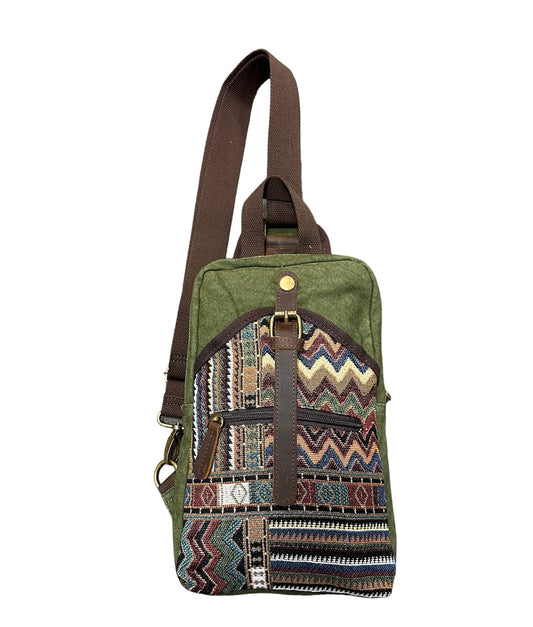 Canvas & leather Trim Crossbody Green Sling Bag