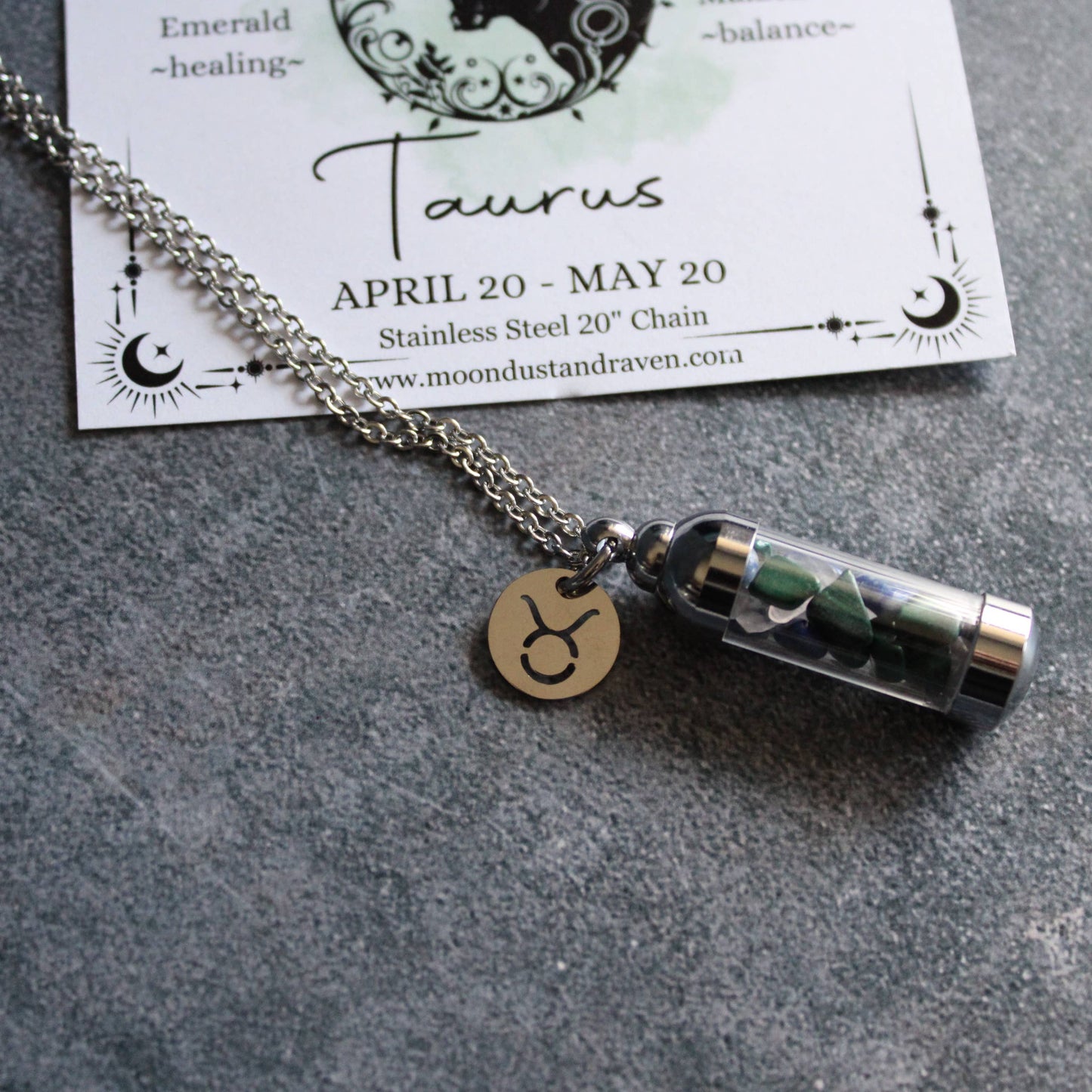 Taurus Crystal Vial Necklace, Zodiac Astrology Witchy Gift
