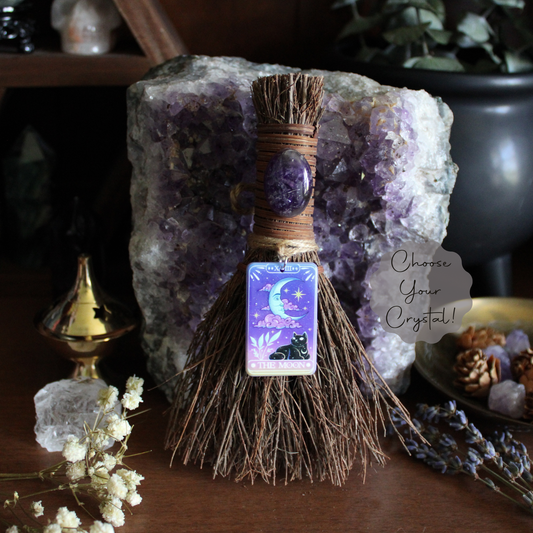 Moon Tarot Card Witch's Broom, Crystal Witch Altar Besom