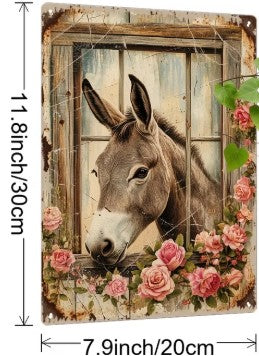 Vintage Donkey & Roses Boho Metal Wall Sign | Farmhouse & Cottagecore Decor