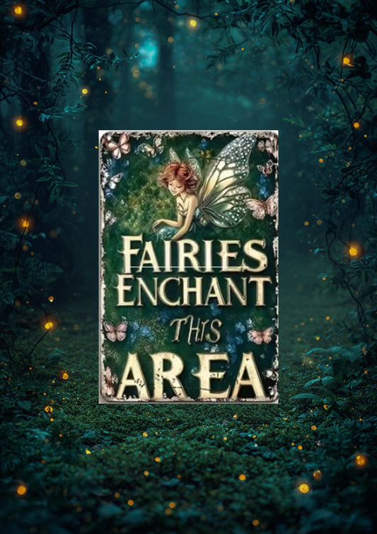 "Fairies Enchant This Area" Fairy Metal Wall Sign | Enchanted & Whimsical Decor