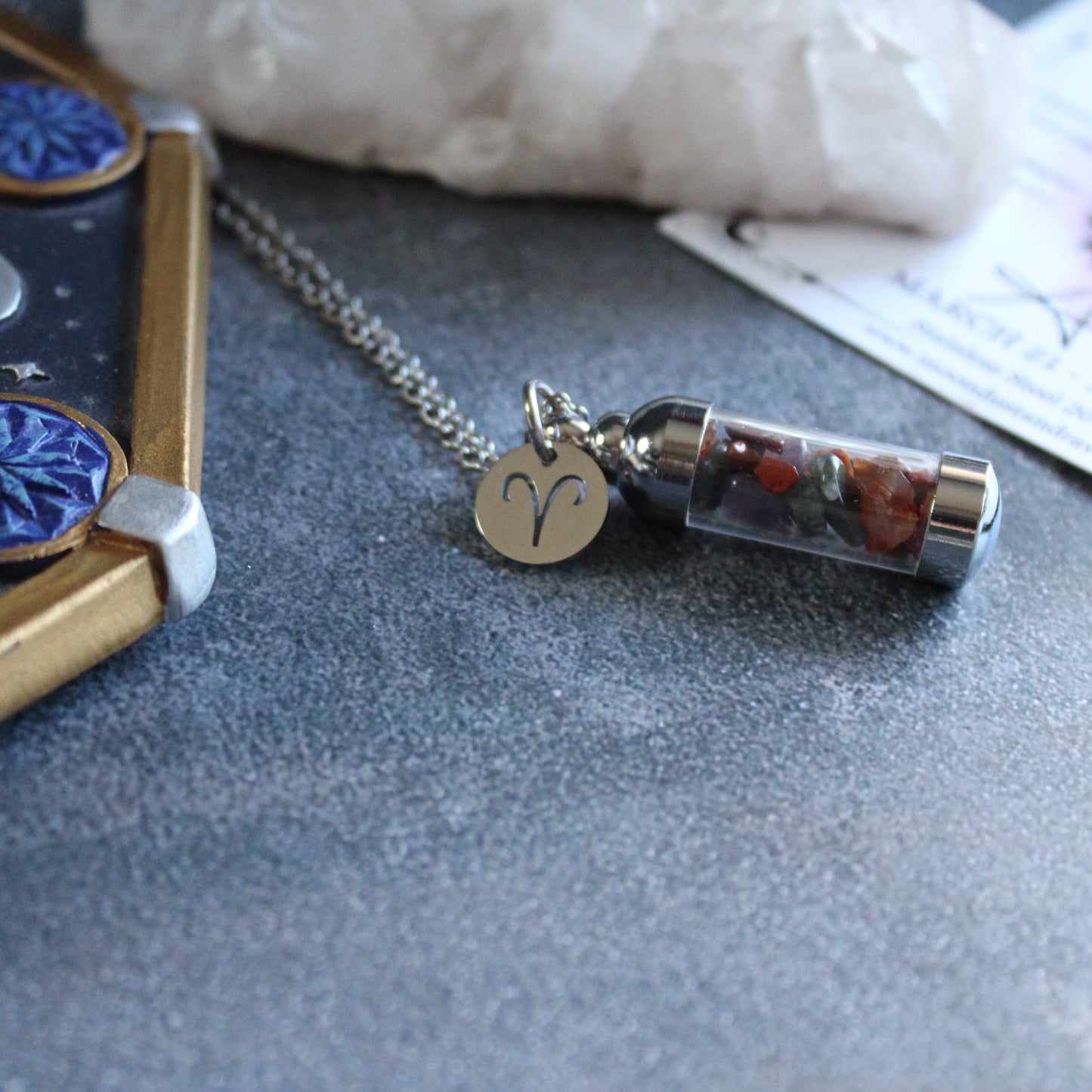 Aries Crystal Vial Necklace, Zodiac Astrology Witchy Gift