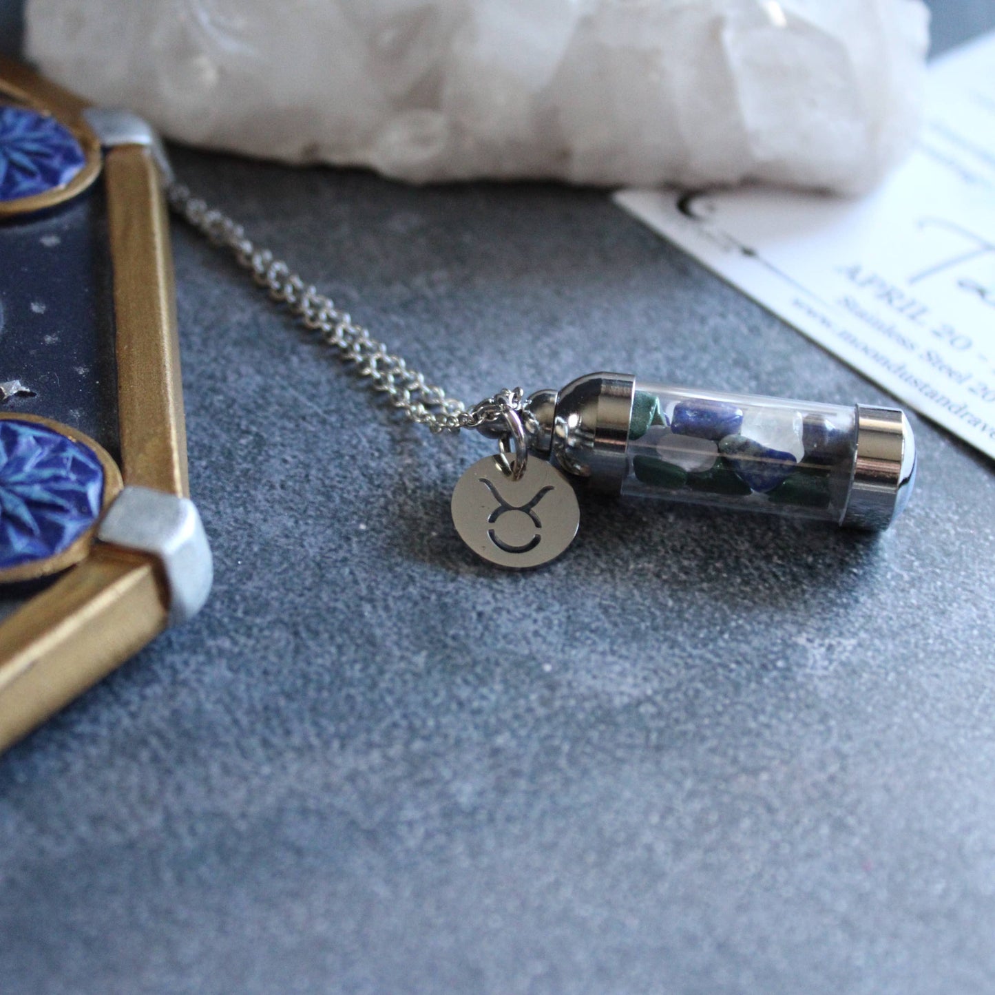Taurus Crystal Vial Necklace, Zodiac Astrology Witchy Gift