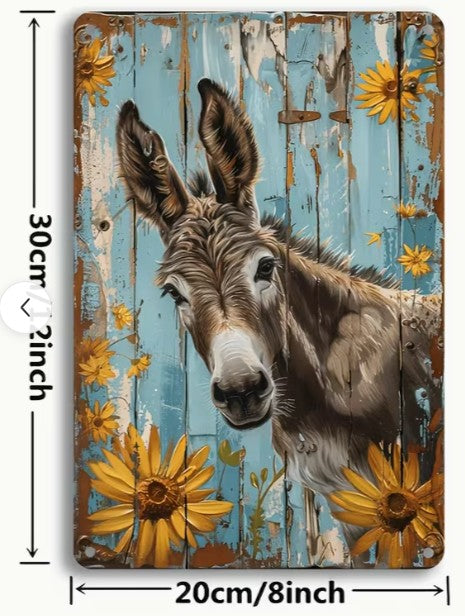 Vintage Donkey & Sunflowers Boho Metal Wall Sign | Farmhouse & Rustic Decor