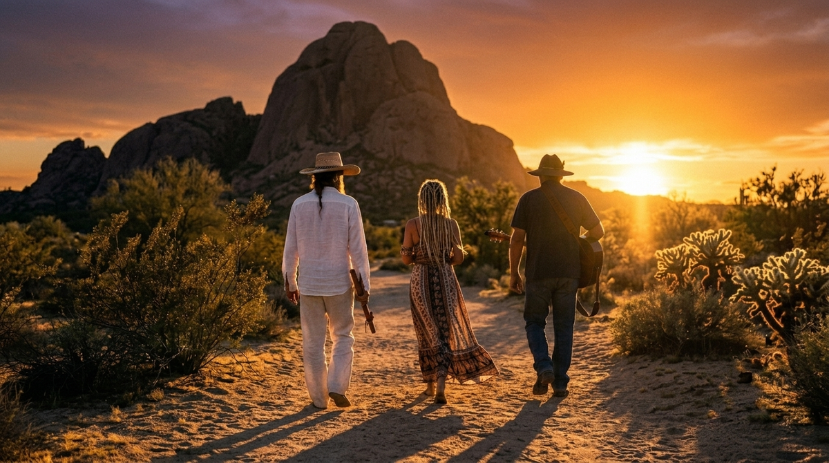 Load video: Gypsy Life music video with handmade Native American style flute and acoustic guitar, featuring Preston, Jessica and Mike on a desert journey at sunset